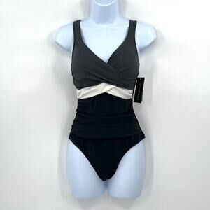 PROFILE BY GOTTEX Lets Twist One Piece Swimsuit Women 8 Black Gray V Neck Tank